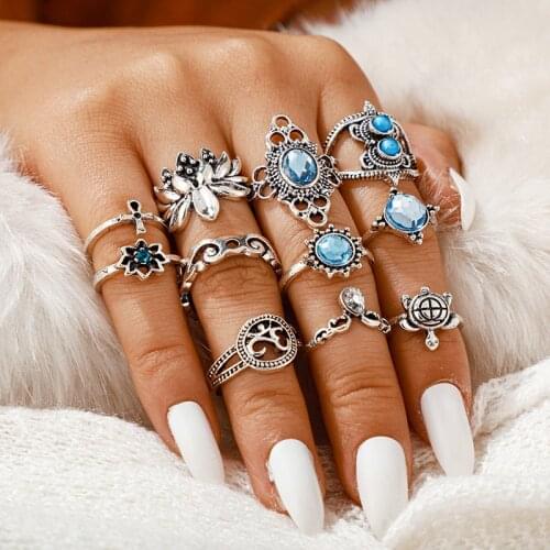 11 PCS/SET Bohemian Retro Yoga Turtle Crystal Crown Rings Set for Women Lotus Hollow Midi Knuckle Rings Party Jewelry Gifts New