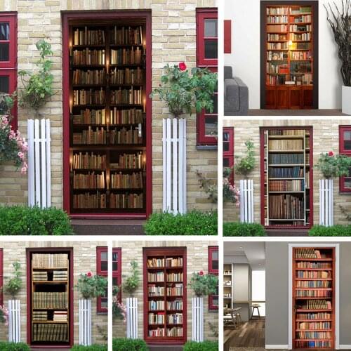 2pcs/set Retro Library Door Sticker Wallpaper Self-adhesive Waterproof Poster Room Decoration PVC Wall Mural Decals Home Design