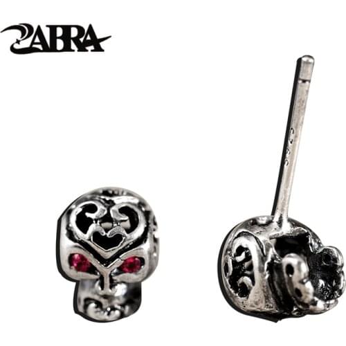 ZABRA 925 Sterling Silver Punk Skull Pink Eyes Studs Set for HipHop Boys and Girls Vintage Earring Korean Skeleton Type Jewelry