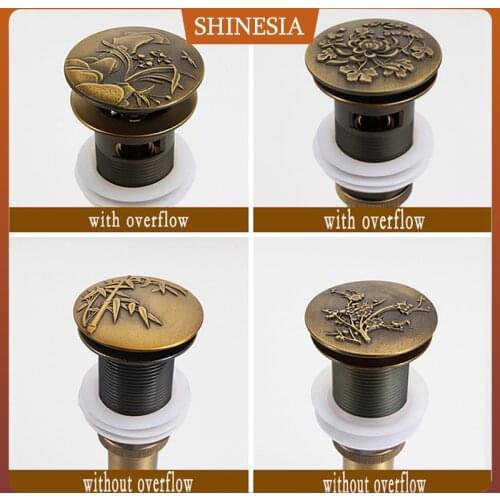 Shinesia Antique Brass Drain Bathroom Lavatory Basin Sink Pop-Up Solid Round Carved Cover With & Without Overflow Drainer