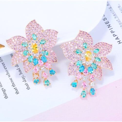 Shiny Flower Shape Long Drop Dangle Earrings for Women Wedding Party Jewelry Elegant Pink Red Cubic Zirconia Earring 2020 Korean