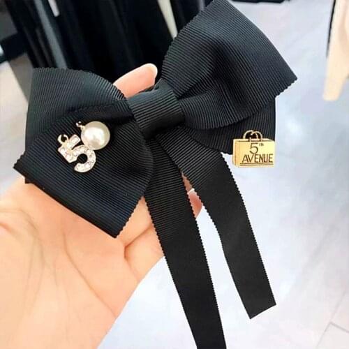 2020 Women Long Ribbon Bow Tie Brooch Number 5 Faux Pearl Lapel Pin Pre-Tied Necktie