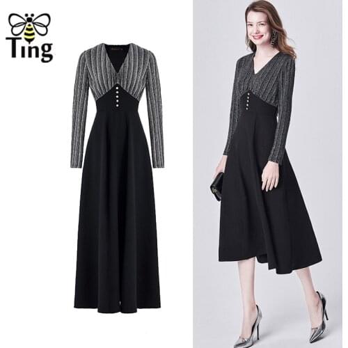 Tingfly France Vintage Elegant Midi Long Dress High Waist Office Lady Work Dress Slim A line Casual Dress Plus Size Vestidos
