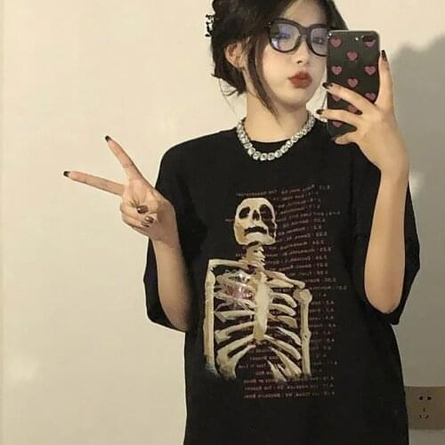 100% cotton short-sleeve print half-sleeve garbage punk Harajuku Y2K street round neck loose T-shirt female new dark skull