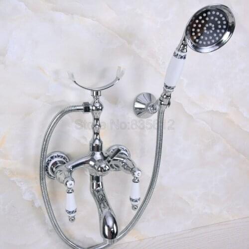 Chrome Polished Bathroom Tub Faucet W/Hand Shower Sprayer Clawfoot Mixer Tap Wall Mounted tna243