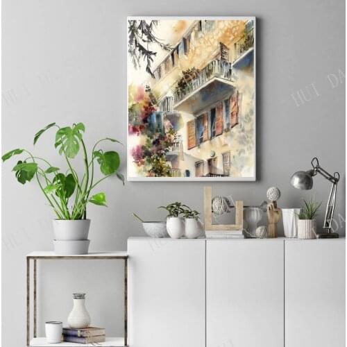 Art Print Mediterranean House Balcony, City Scene Architecture Details ,Watercolor Painting Balcony Giclée Art Print