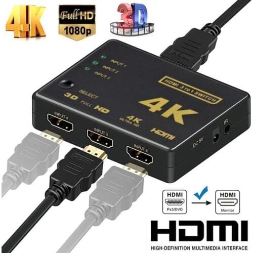 4K 3x1 3 Input 1 Output -compatible Cable Splitter HD 1080P Video Switcher Adapter Port Hub For PS3 DVD HDTV PC TV Laptop