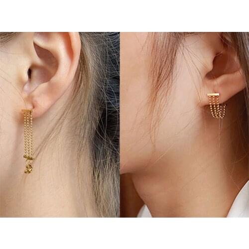 Dual Purpose Minimalist Stainless Steel Small Beads Chain Tassel Earrings Chic Special Triple Layer Bead Hoop Earring Fashion