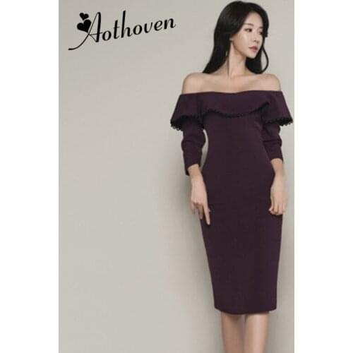 Spring Pencil Dress Women Purple Ruffles Three Quarter Sleeve Off the Shoulder Slash Neck Midi Dress Elegant Party Club Dress