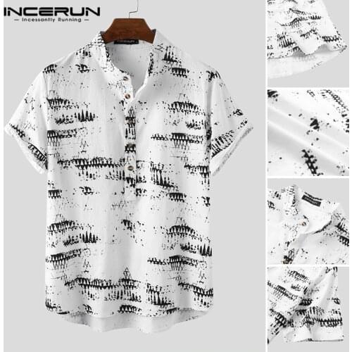 INCERUN Men Vintage Printed Shirts Short Sleeve Stand Collar Shirt Man Casual Buttons Loose Blouse Fashion Cotton Floral Camisa