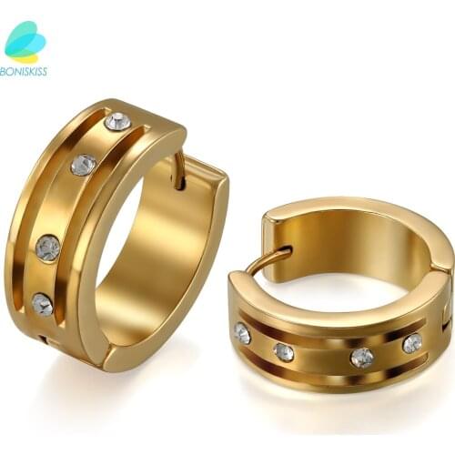 BONISKISS Unisex Crystal Accent Polished Gold Tone Plated Stainless Steel Wide Clip On Hoop Earring