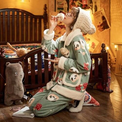 Warm Long Sleeves Female Pyjamas Sets Pink Cute Homewear Home Suit Pijama 2pcs Winter Animal Thick Women Pajamas Set Sleepwear