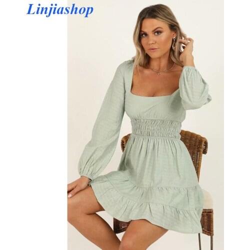 Vintage autumn dress women ruched party puff sleeve ladies retro square collar cotton dress female vestidos