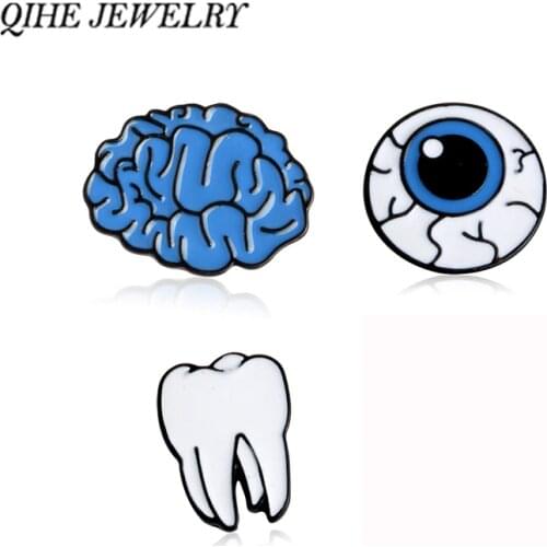 QIHE JEWELRY Cartoon Cute Brain Eye Tooth Metal Brooch Pins Button Pins Girl Gift Fashion Jewelry Wholesale