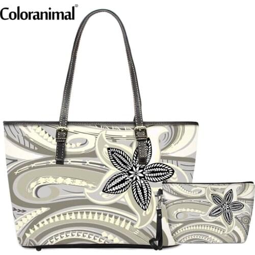 Coloranimal Polynesian Tribal Flower Printed Shoulder Bag for Ladies PU Leather Crossbody Bag 2Pcs/Set Messenger Bag&Wallet Tote