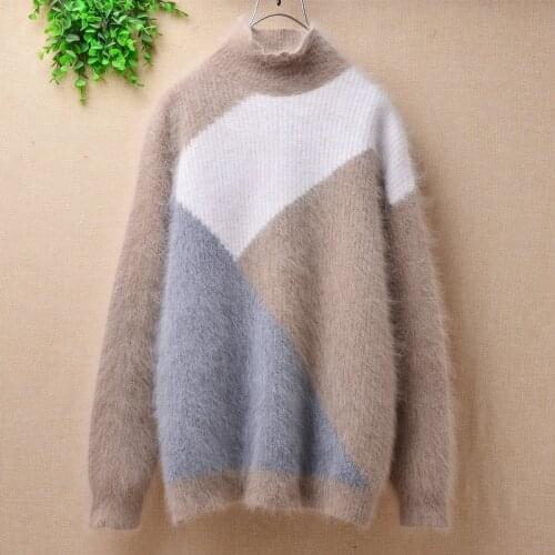 Ladies women fashion colored hairy angora rabbit fur knitted long sleeves turtleneck slim blouses pullover jumper sweater pull