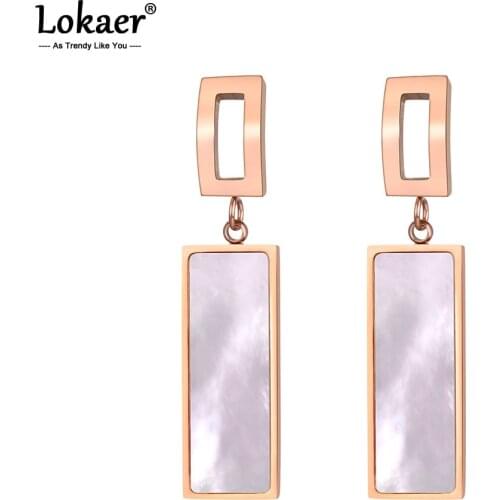 Lokaer Trendy White Shell Rectangular Titanium Stainless Steel Stud Earrings Rose Gold Handmade Ear Jewelry For Women E19142