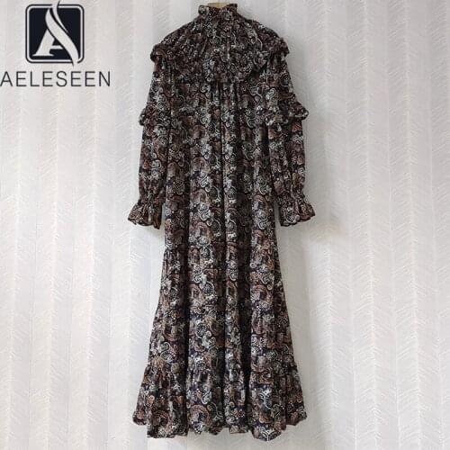 AELESEEN Vintage High Quality Autumn Winter Ruffled Butterfly Sleeve Lacing Up Flower Print Loose Elegant Long Dress For Women