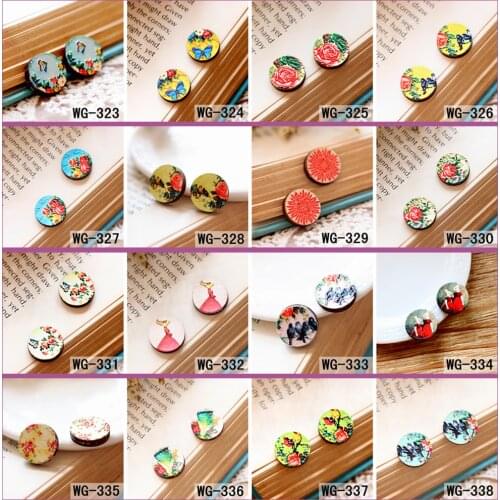10PCS 16mm 323-338 Laser Cut wood Cabochon Unique 3D Embossed Round Coloured Drawing pattern DIY for Rings, Earring