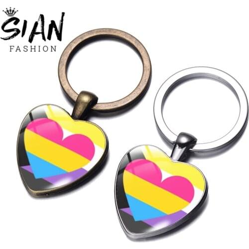 SIAN Key Chain LGBT Rainbow Pride Flag Heart Glass Cabochon Key Ring Bisexual Pride Souvenir Jewelry or Handbag Pendant Trinket