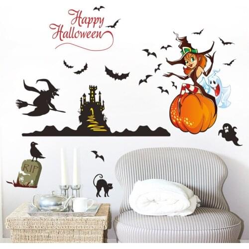 Happy Halloween Decor Witch Ghost Pumpkin Castel Bat Cat Wall Stickers Wall Decal Mural Art poster Home Decoration