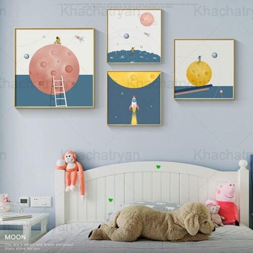 Cosmic Cartoon Childrens Room Decoration Poster Astronaut Planet Rocket Living Room Wall Canvas Painting Universe Bedroom Print