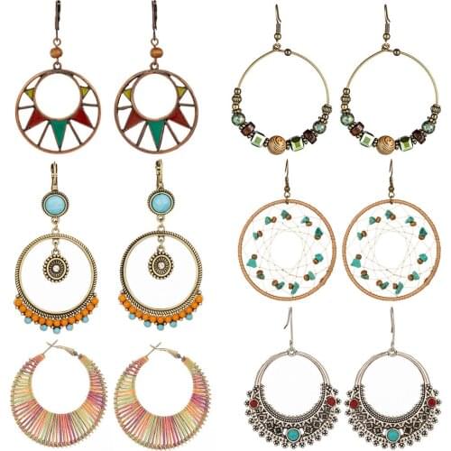 Ethnic Bohemian Vintage Retro Big Round Circle Drop Earrings Resin Stones Crystal Handmade Earrings for Women Statement Jewelry