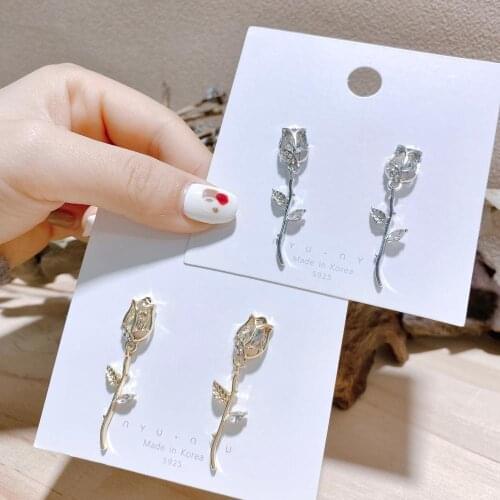 Fashion Elegant Cute Opal Rose Flower Stud Earrings For Women Students Delicate Micro Paved Zircon Jewelry