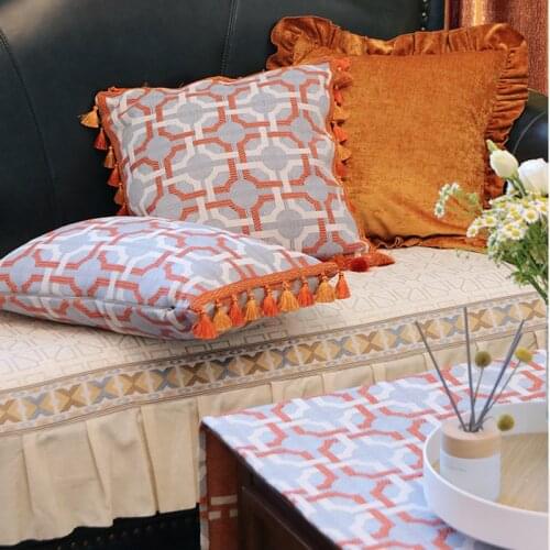 DUNXDECO Chinese Style Cushion Cover Decorative Pillow Case Modern Orange Geometric Jacquard Tassel Sofa Chair Coussin