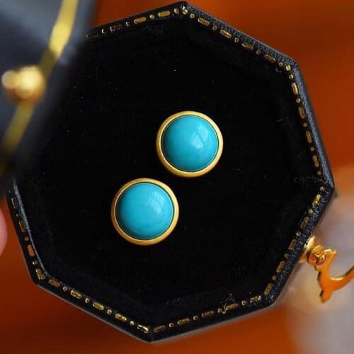 Original New Silver Inlaid Turquoise Round Earrings retro cool charm sand gold craft light luxury womens brand jewelry