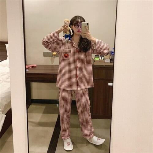 Couple plaid cartoon embroidery spring autumn pajama set women men homewear korean long sleve blusas pyjamas pants trousers Y914