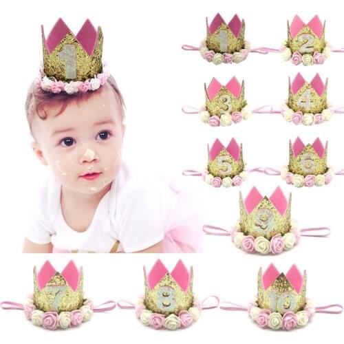 1Pcs 1 -10 Year Old Birthdady Crown Headband Girl Birthday Party Flower Hat Baby Shower Hairband Caps Hair Accessory Supplies