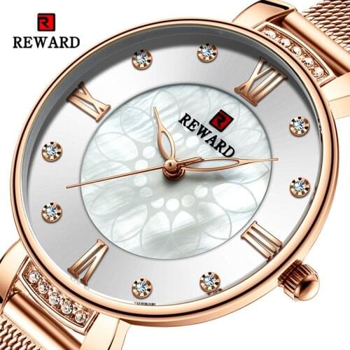 REWARD Fashion New Women Watches Pearl Dial Mesh Strap Quartz Japanese Movement Waterproof Wristwatch Girl Clock Relogio Feminin