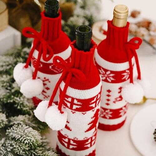 Christmas Knitting Elk Snowflake Drawstring Wine Bottle Cover Bag Dinner Decor Christmas Bottle Cover Home Ornaments Stocking