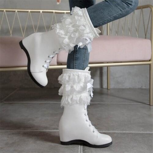 Large Size 43 Mid Calf Boots Women Shoes Lace Leather Boots Women Autumn Winter Shoes Comfortable Women High Boots