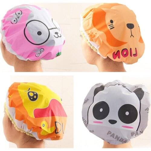 1PC Cute Cartoon Animal Waterproof Shower Cap Resuable Lace Elastic Band Bath Hair Caps Hat Free Shipping
