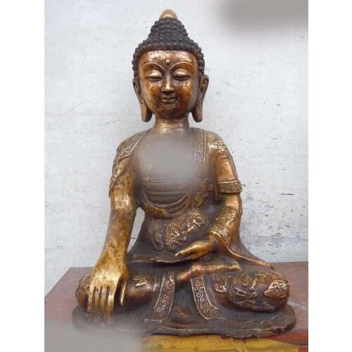 15" China bronze gild carved Buddhism dragon Sakyamuni buddha Sculpture statue (D0426)