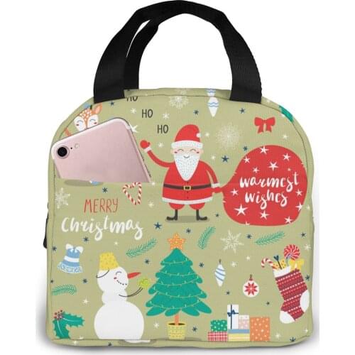 Cute Cartoon Deer Santa Claus Snowman Cooler Bag Portable Zipper Thermal Lunch Bag Convenient Lunch Box Tote Food Bag