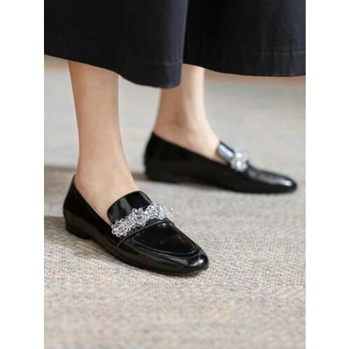 EshtonShero Spring Women Flats Shapes Brogue Genuine Patent Leather Black Office Summer Female Ballet Crystal Shoes Ladies