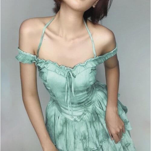 Sling Cake Skirt Ball Gown Waist One Word Shoulder Solid Color High Waist Sexy Backless Slash Neck Gothic Dress Vintage Summer