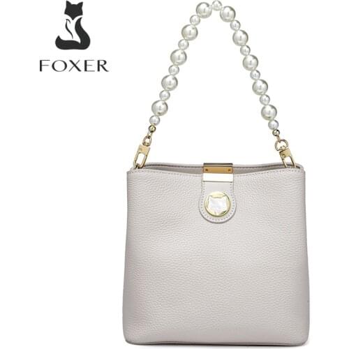 FOXER Natural Leather Ladies Pearl Portable Bucket Bag Casual Fashion Shoulder Bag Large Capacity Office Women Messenger Bag