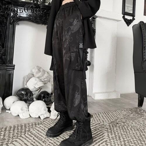 InsGirl Retro Mall Goth Harajuku Pants Women Dargon Printed High Waist Loose Straight Trousers Street Grunge Dark Cargo Pants