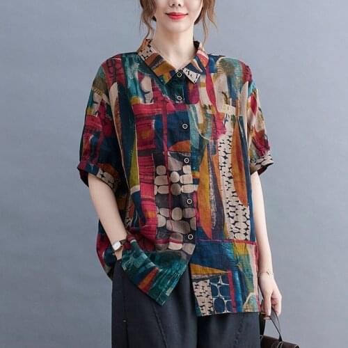 Oversized Women Summer Casual Shirts New Arrival 2021 Vintage Style Turn-down Collar Print Loose Ladies Cotton Linen Tops B806