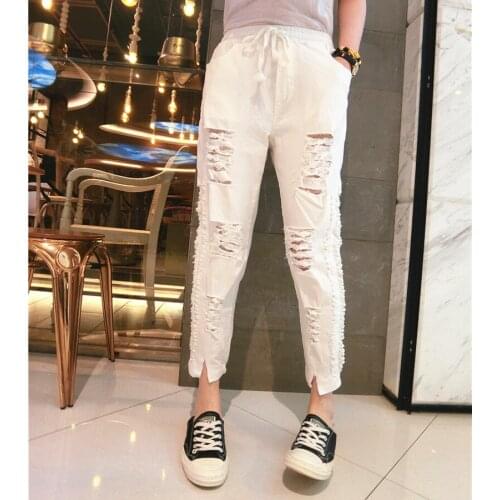 Plus Size White Black Sexy Harem Destroyed Ripped Hole Pencil Denim Pant Drawstring Elastic High Waist Jogger Jeans Streetwear