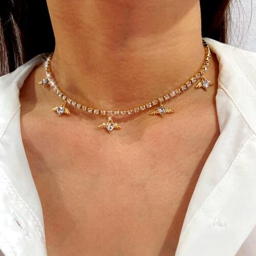 Flatfoosie Hip Hop Crystal Heart Wing Pendant Necklace for Women Rhinestone Tennis Chain Choker Necklace Statement Jewelry Gift