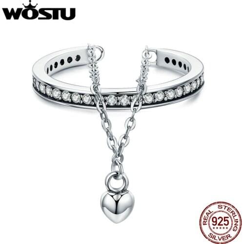 WOSTU High Quality 100% 925 Sterling Silver Stackable Clear CZ Heart Chain Double Layer Ring for Women Wedding Jewelry BKR291