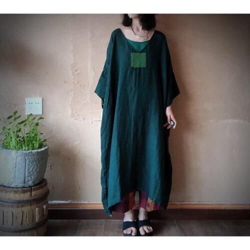 Women Loose Linen Patchwork V Neck Dress Ladies Plus Size Flax Oversized Robe Dress Female 2020 Autumn Spring Dresses