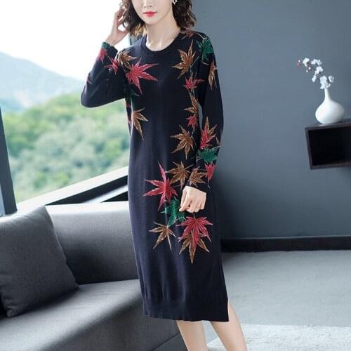 2020 Fall Winter Vintage Womens Printed Pattern Black Knit Sweater Dress , Autumn Woman Clothes 3xl 4xl Knitted Dresses
