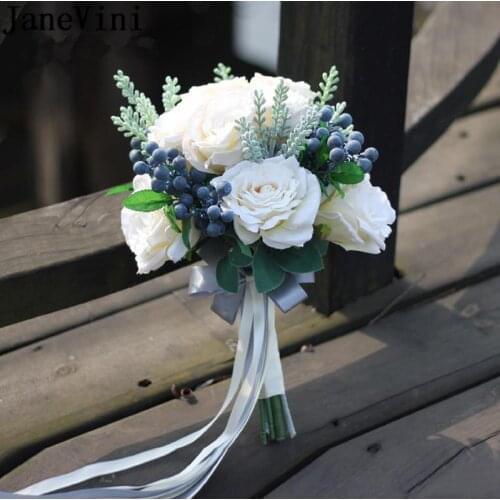 JaneVini White Roses Wedding Bridesmaid Bouquet Artificial Bride Rose Bouquet Flowers Bridal Charm Vintage Leaf ramo blanco 2020