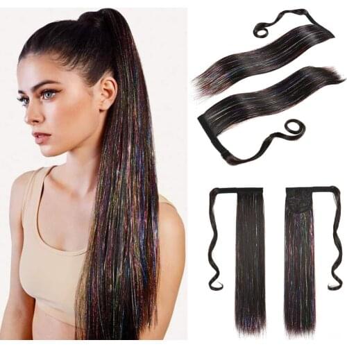 Long Straight Clip On Ponytail Synthetic Hairpiece Wrap on Clip Hair Extensions Brown Tinsel Laser Ponytail Colored Fack Hair